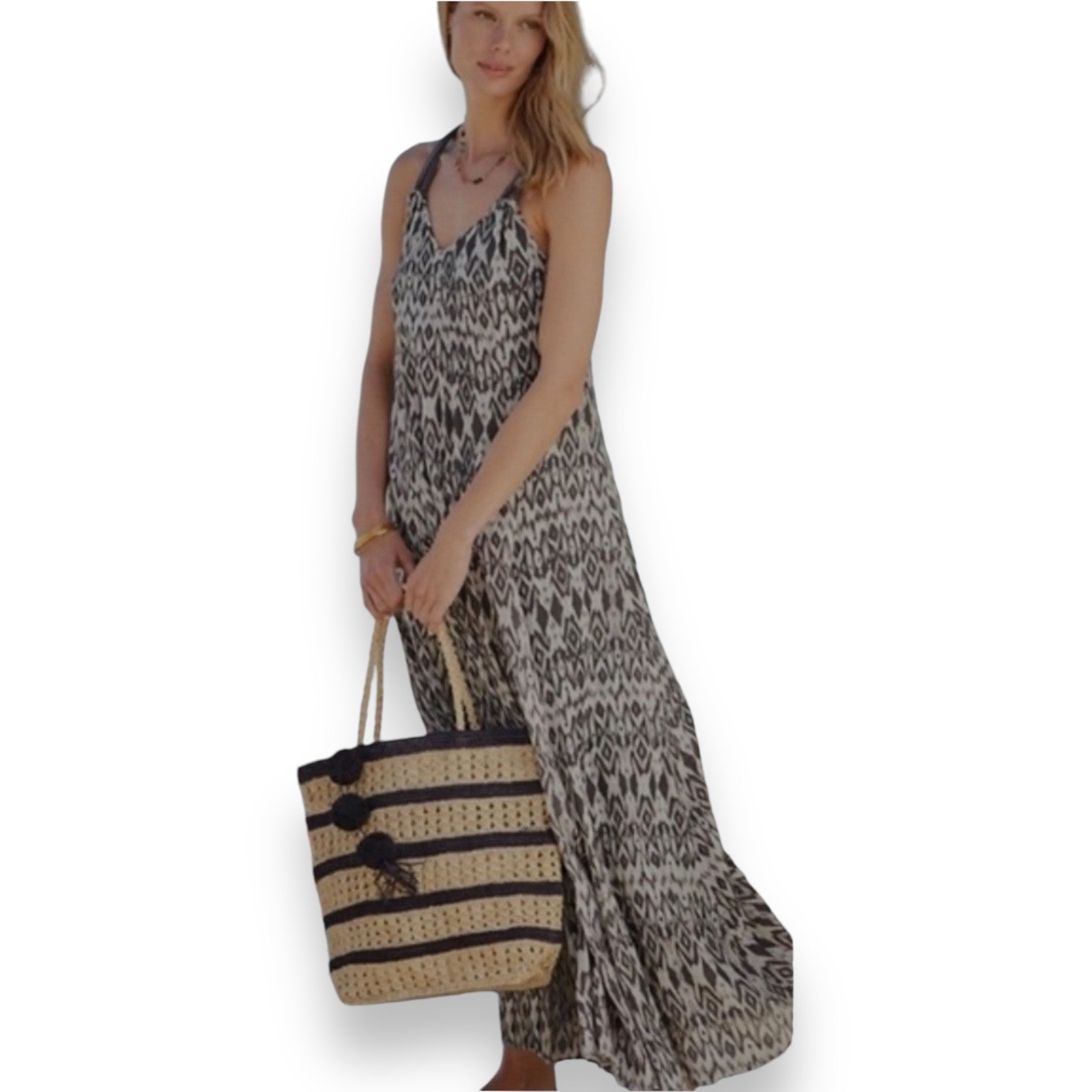 Nwot Garnet Hill Halter Dress Women's Pl Gray Brown Cat Eye Print Maxi Dress
